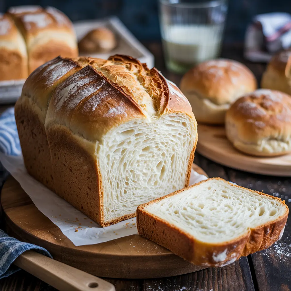 A loaf of bread with a slice cut out.