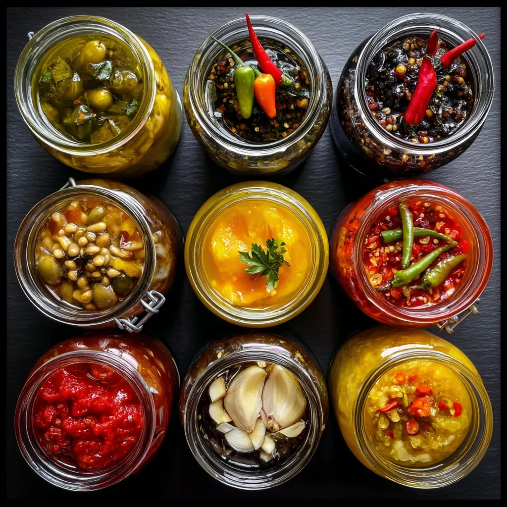 A variety of sauces and marinades in jars.