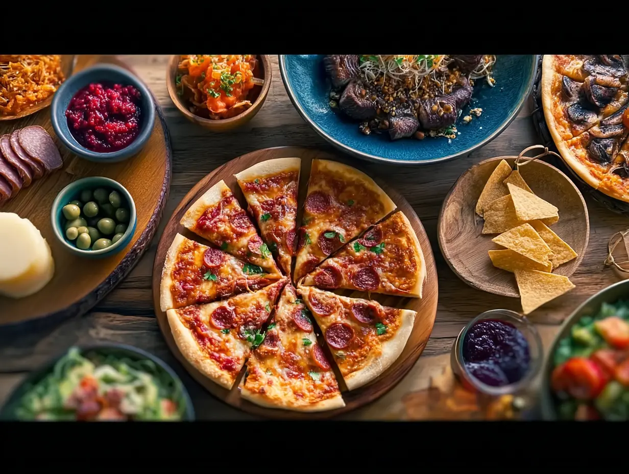 A variety of foods on a table, including pizza, salad, and other dishes.