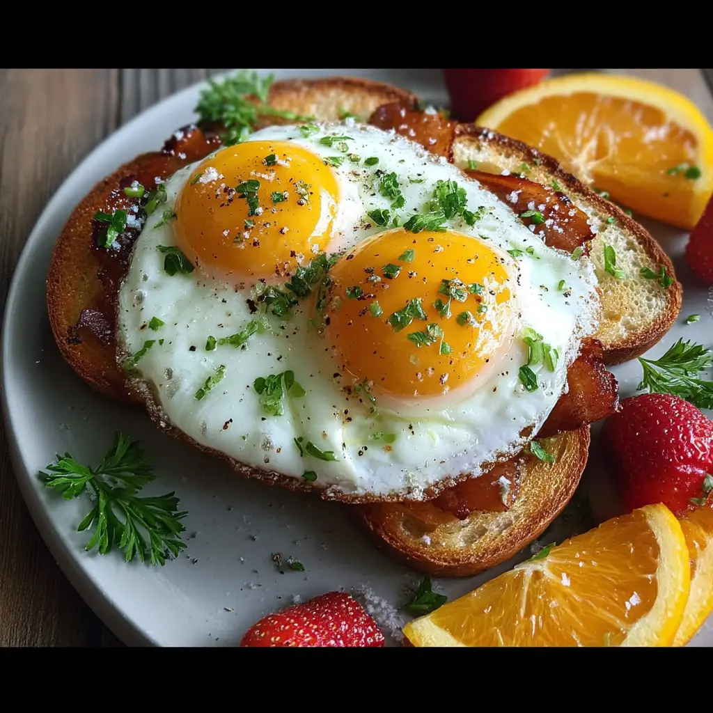 A breakfast plate with eggs, toast, and oranges.