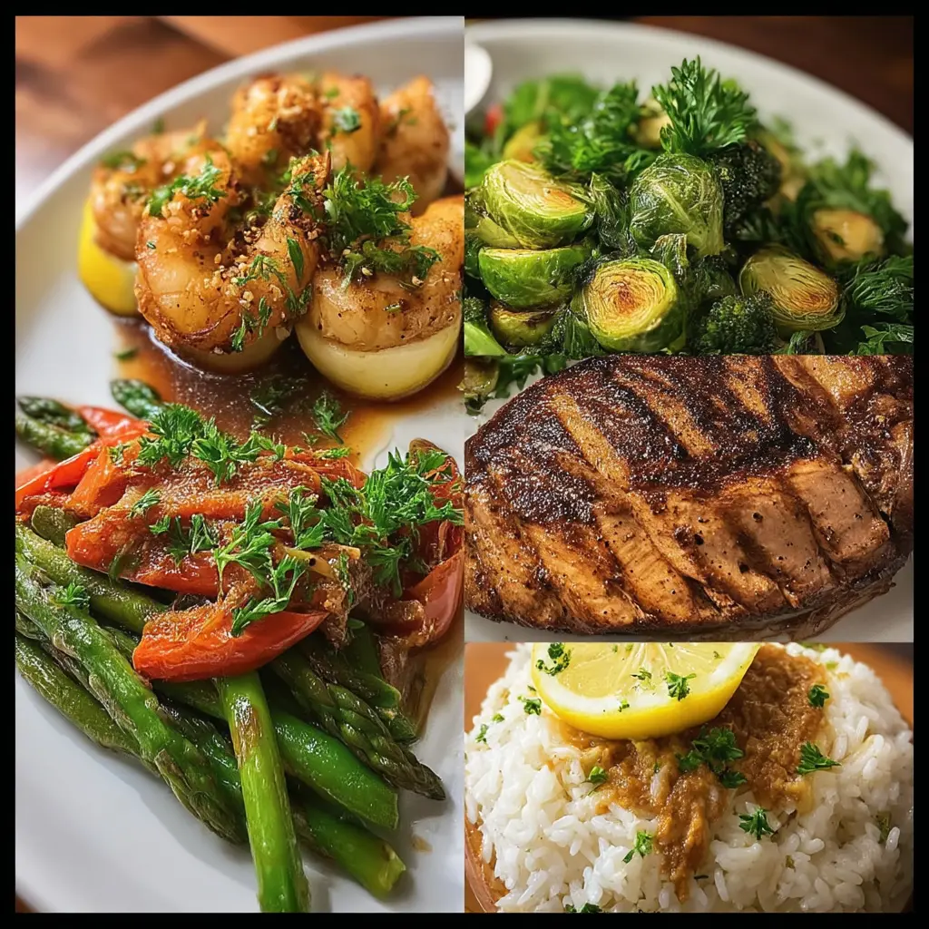 A collage of four different dishes, including fish, rice, and vegetables.