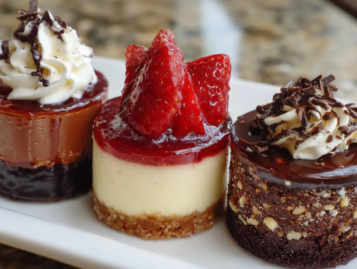 Three desserts on a plate.