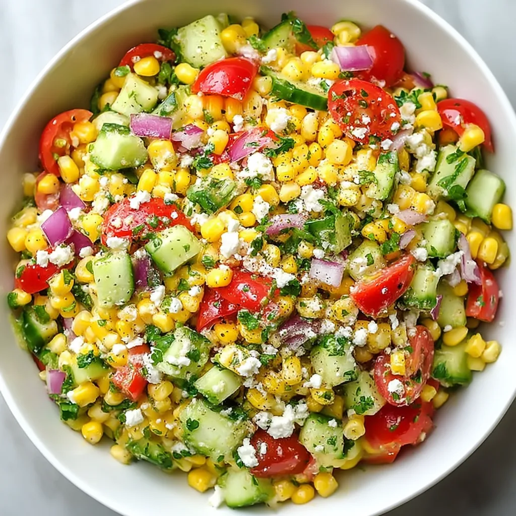 A bowl of vegetables including corn, tomatoes, and cucumbers.