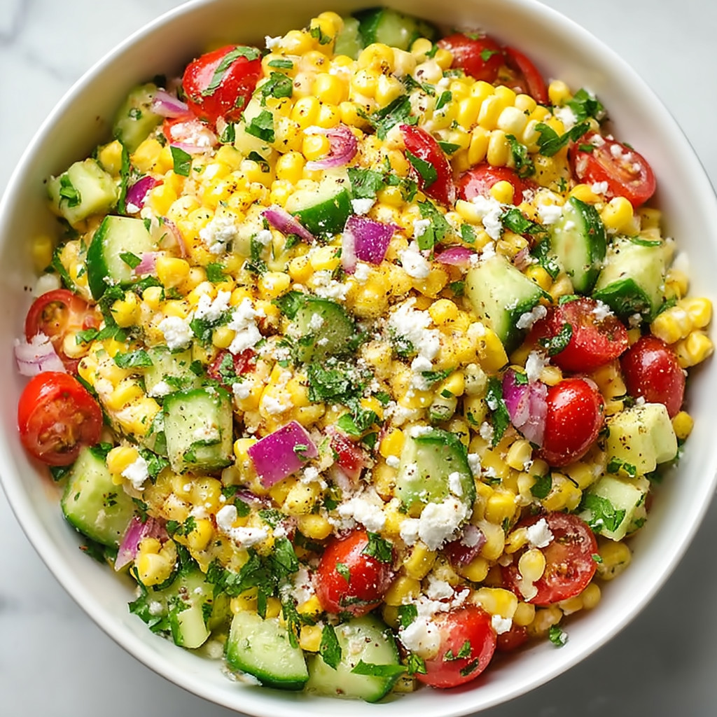 A bowl of vegetables including corn, tomatoes, and cucumbers.