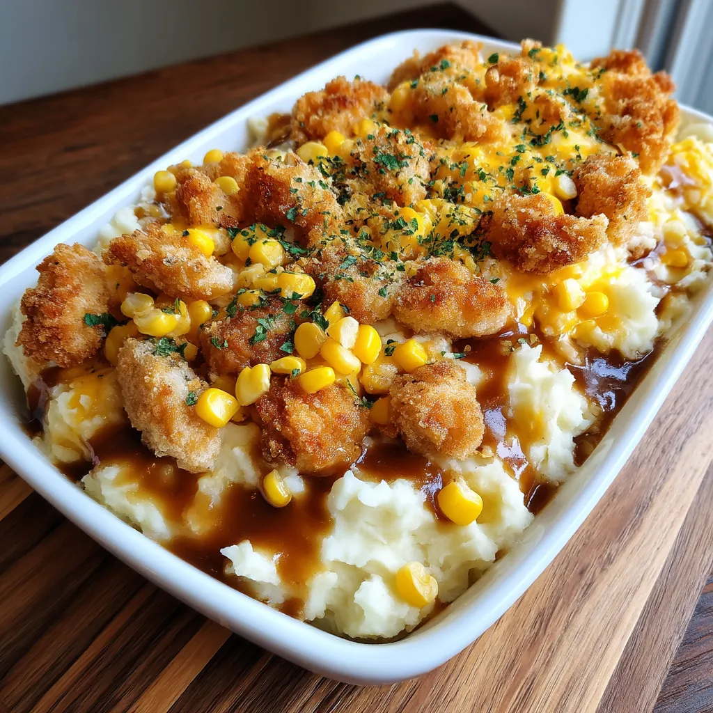 A white dish filled with mashed potatoes and chicken.