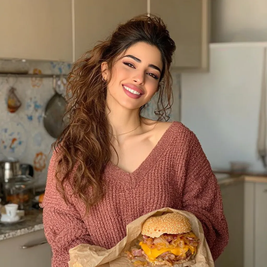 A woman named Maya Brown is holding a large burger.