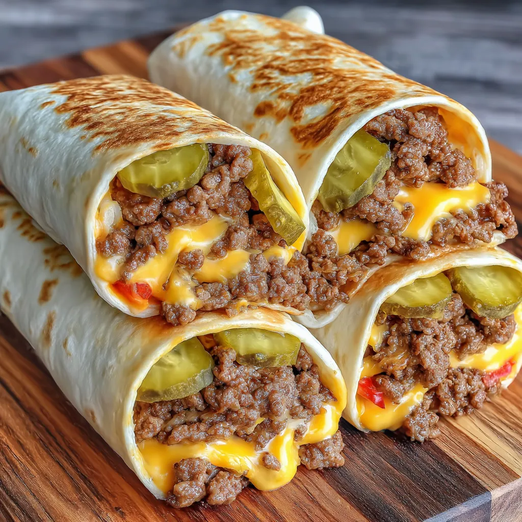 Two cheeseburger wraps on a wooden table.