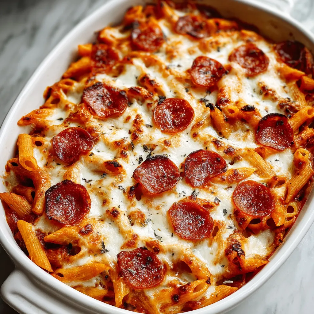 A baked dish of pasta and pepperoni.