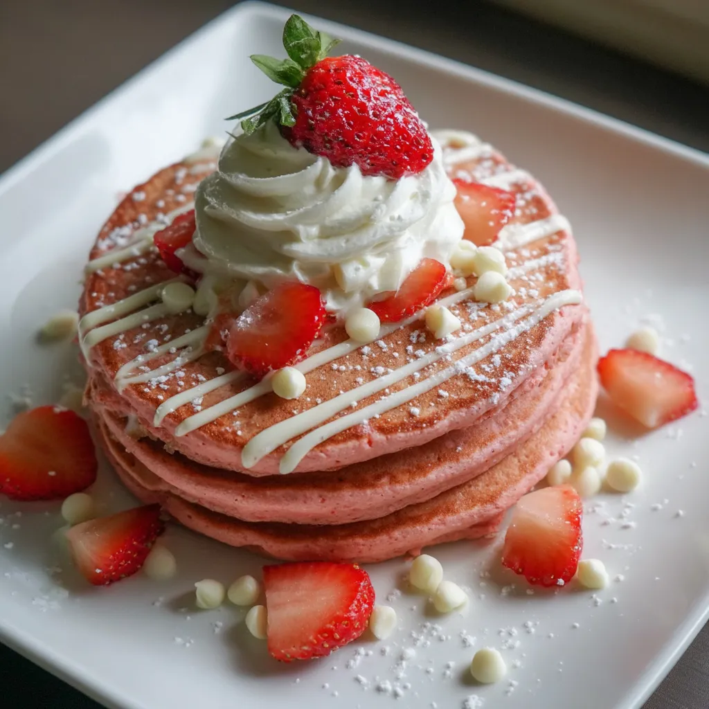 A plate of pancakes with strawberries and whipped cream.