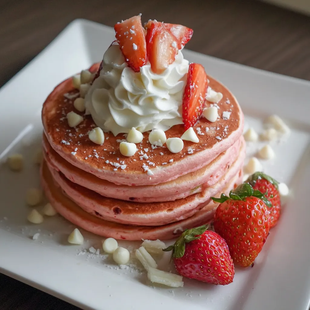 A stack of pancakes with strawberries and whipped cream on top.