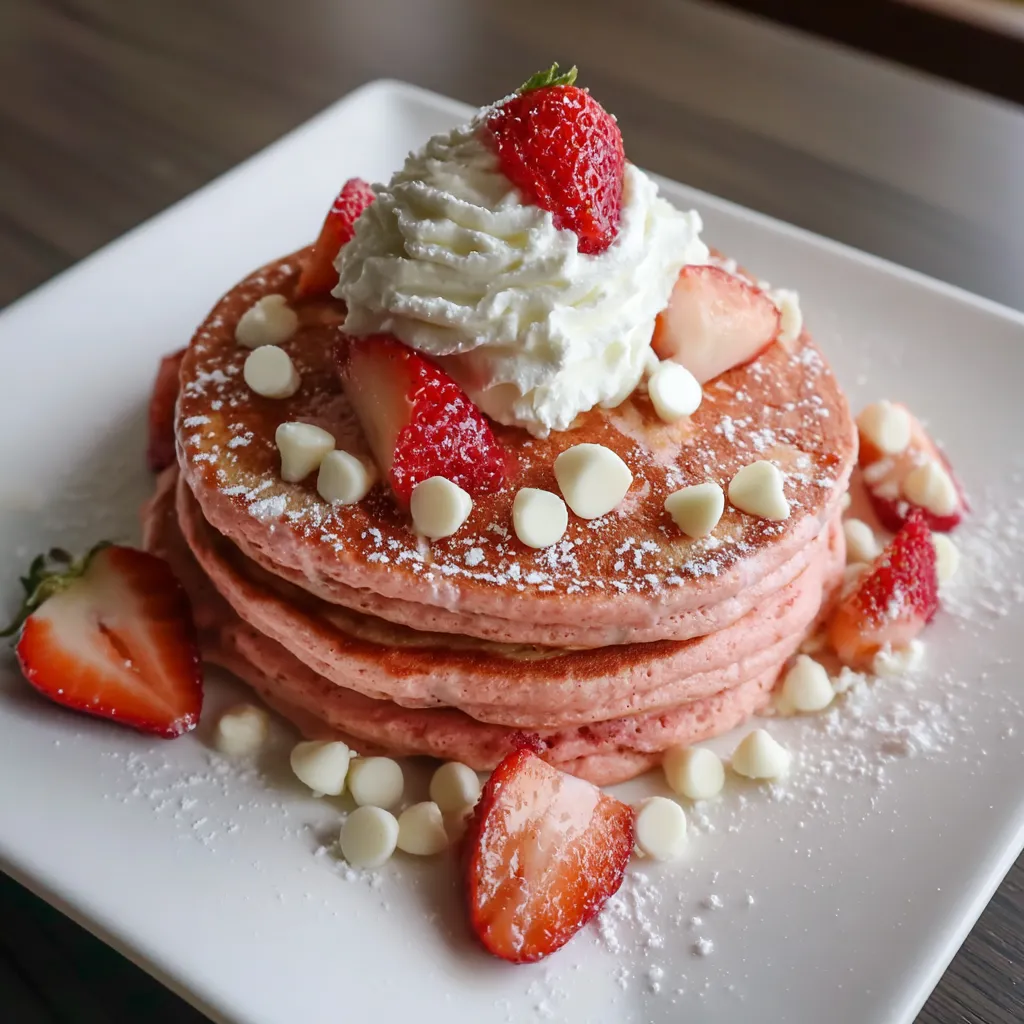 A stack of pancakes with strawberries and whipped cream on top.