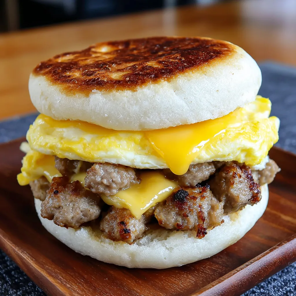 A breakfast sandwich with sausage, egg, and cheese.