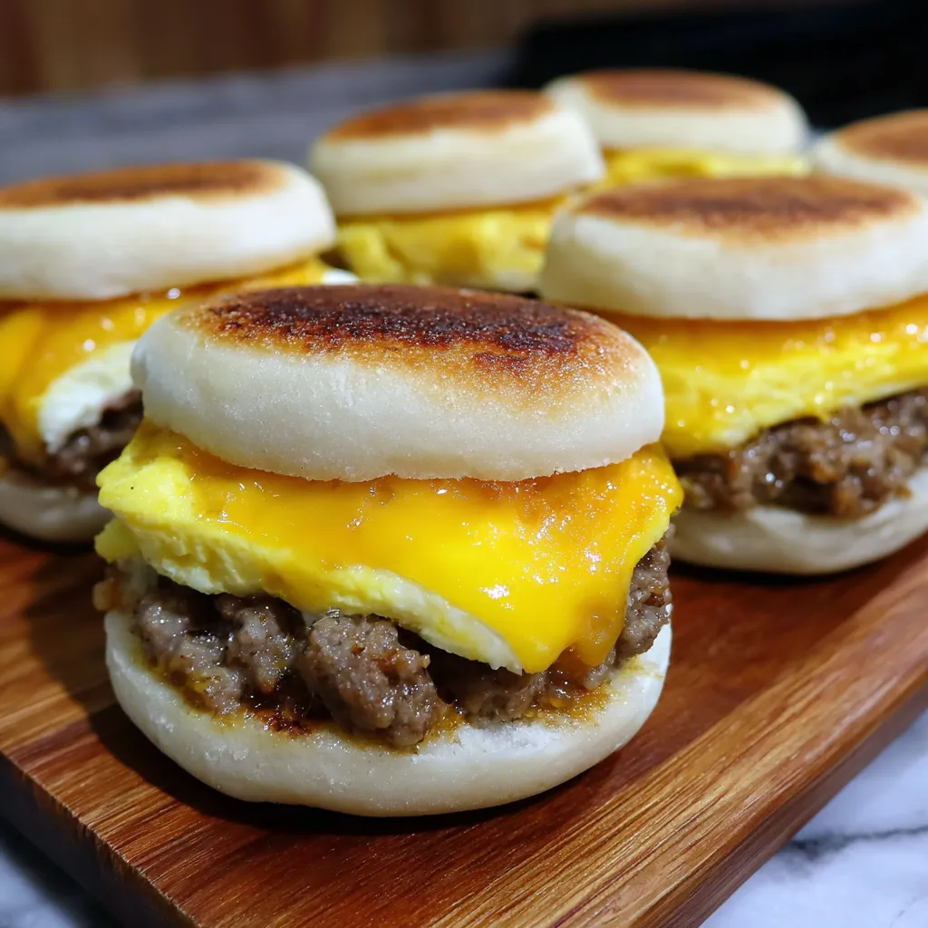 A breakfast sandwich with eggs and meat on a wooden tray.