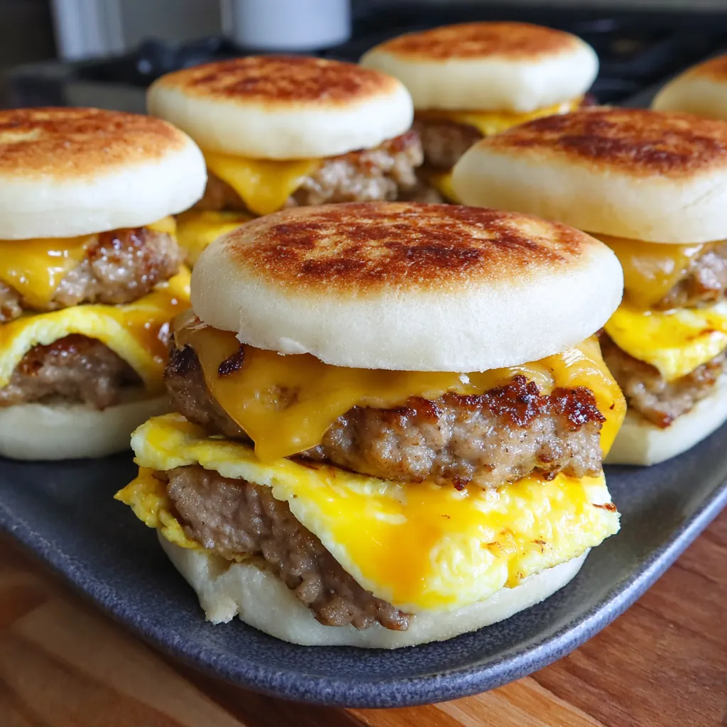 A tray of breakfast sandwiches.