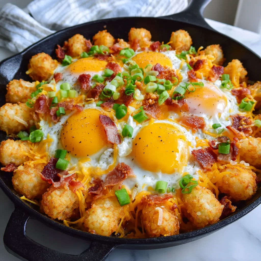 A skillet with bacon, eggs, and cheese.