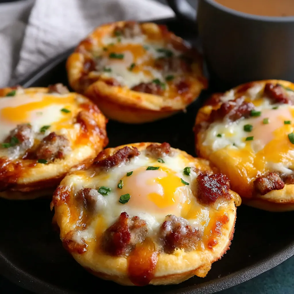Breakfast pizza muffins with cheese and egg.