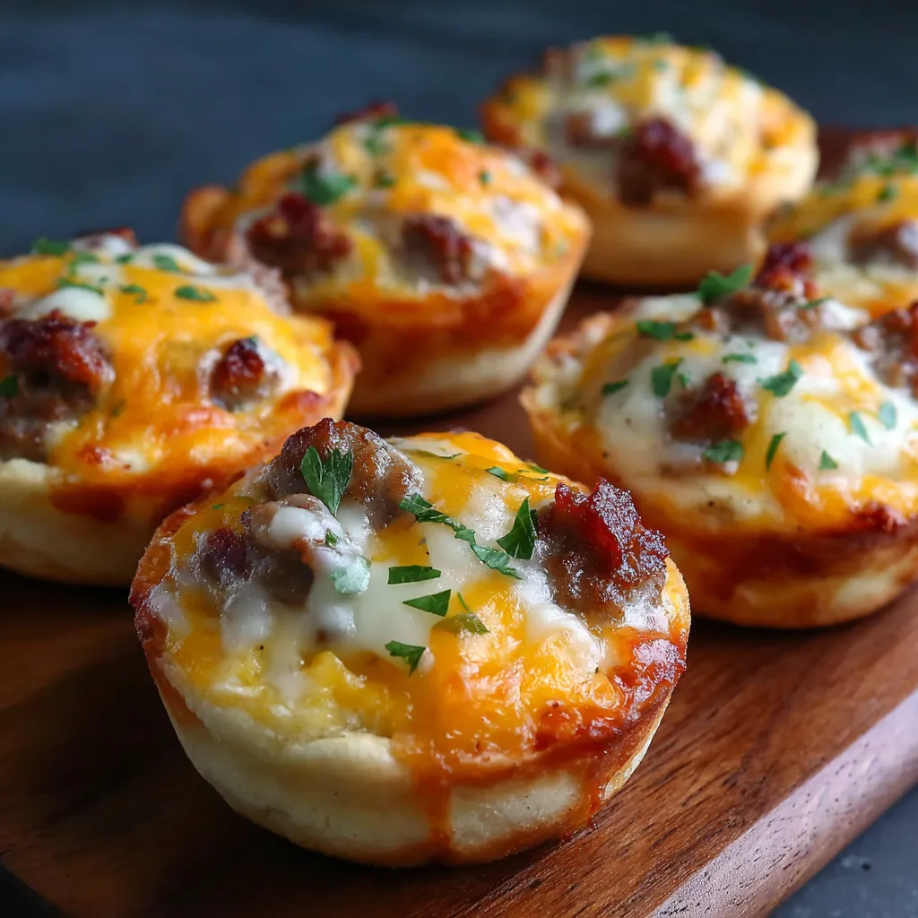 Breakfast pizza muffins on a wooden tray.