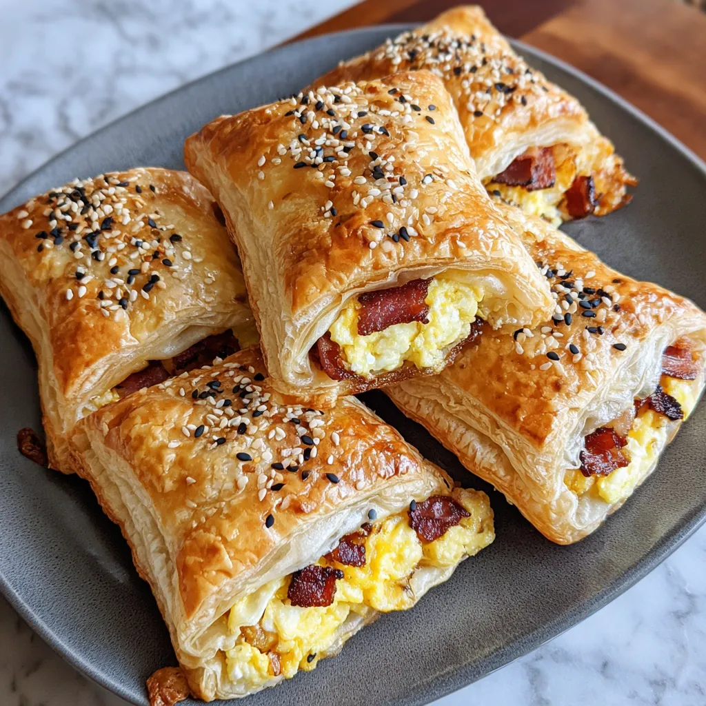 A plate of breakfast pockets with bacon and egg.