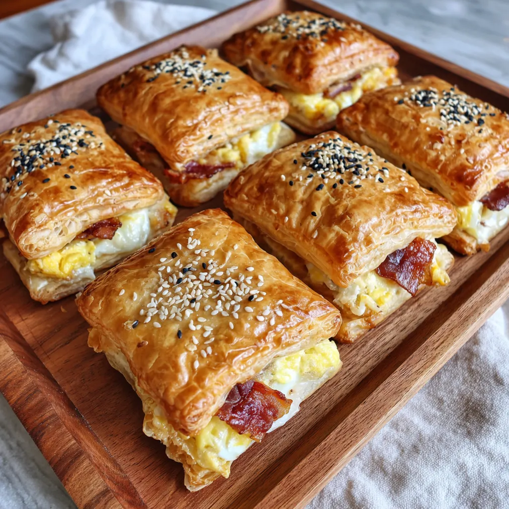 A wooden tray with 12 breakfast pockets filled with bacon and egg.