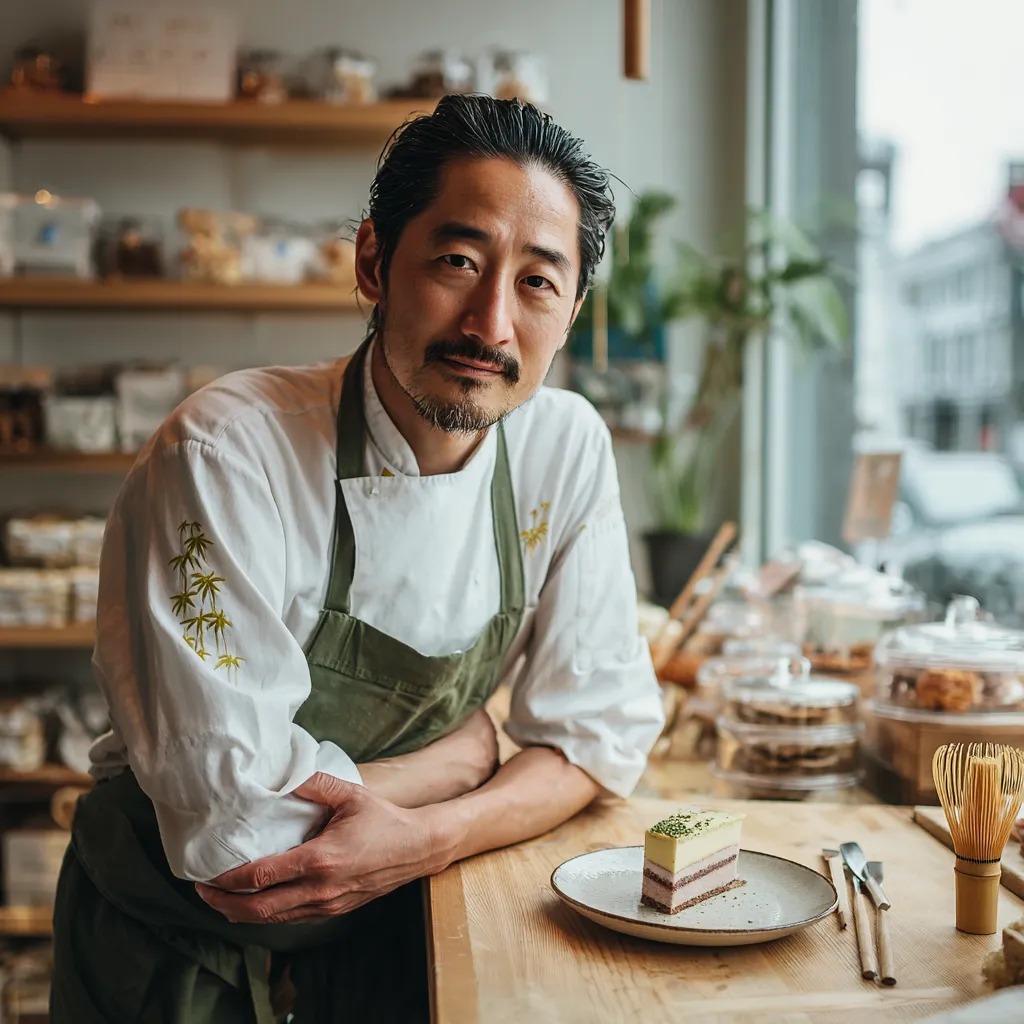 Takeshi Nakamura poses for a photo in front of a plate of food.