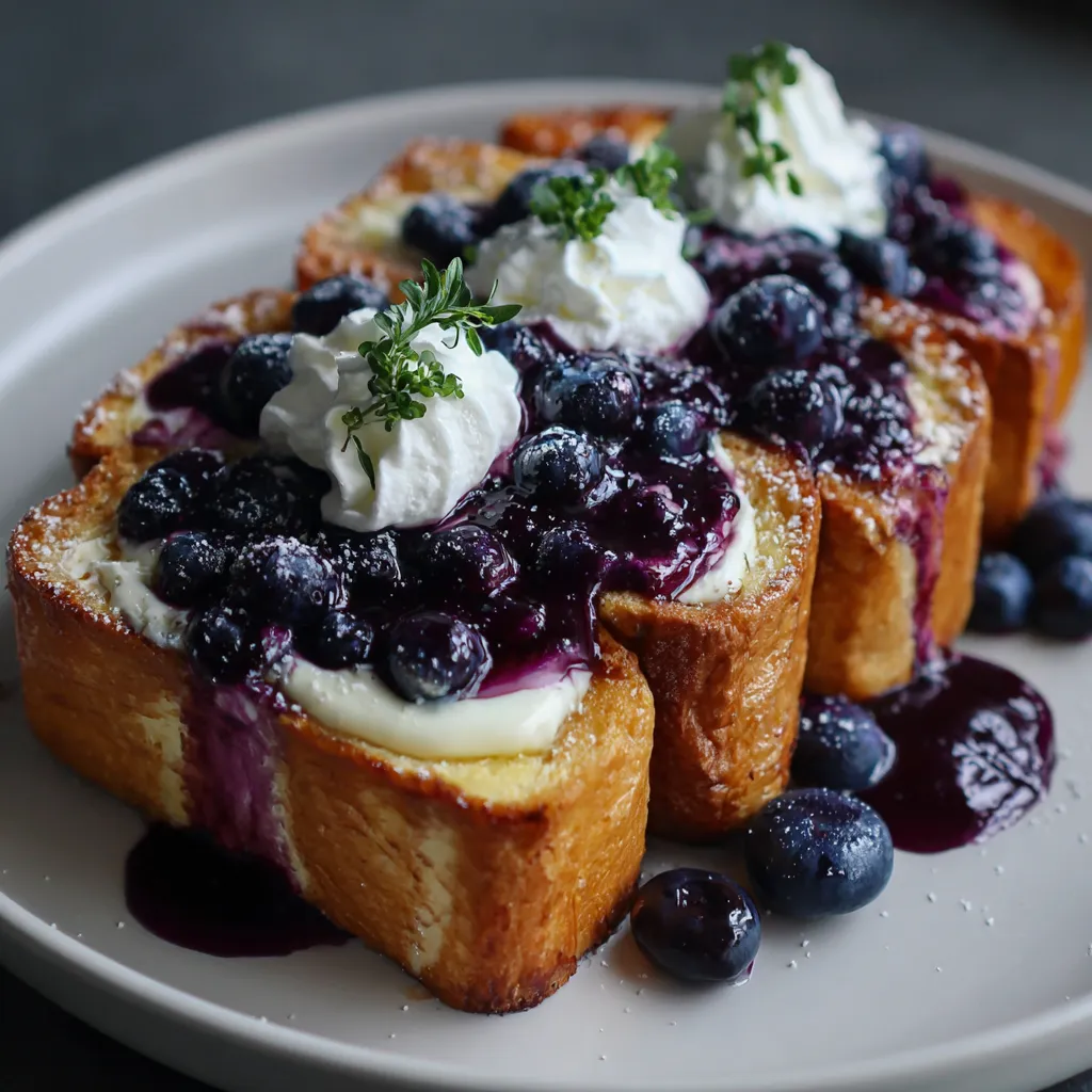 A plate of blueberry cream cheese stuffed French toast.
