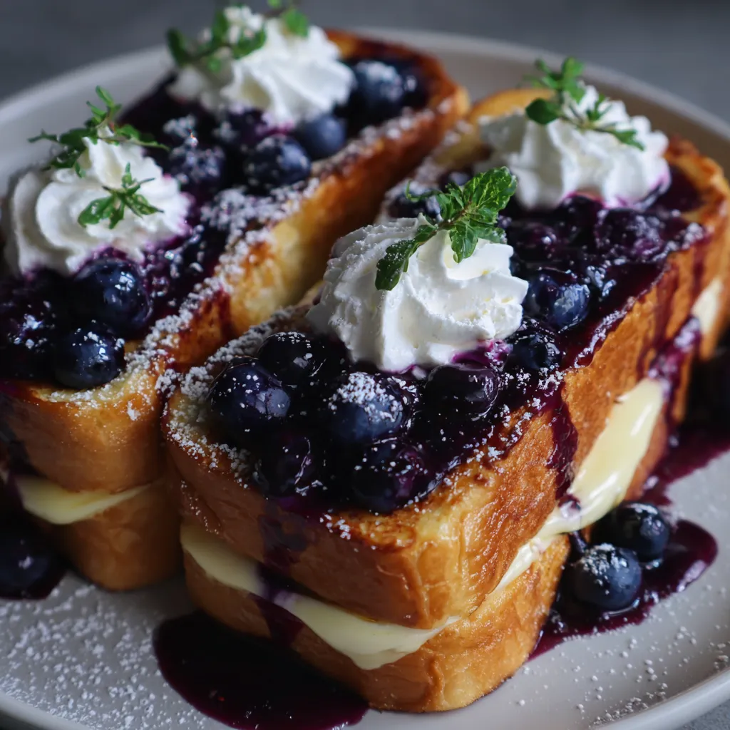 A plate of blueberry cream cheese stuffed French toast.