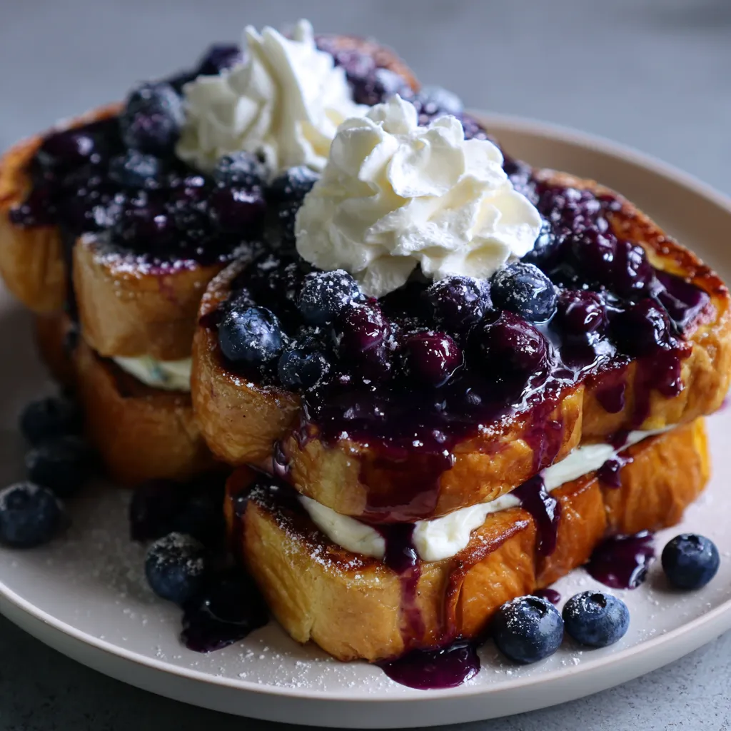 A plate of French toast with blueberries and whipped cream.