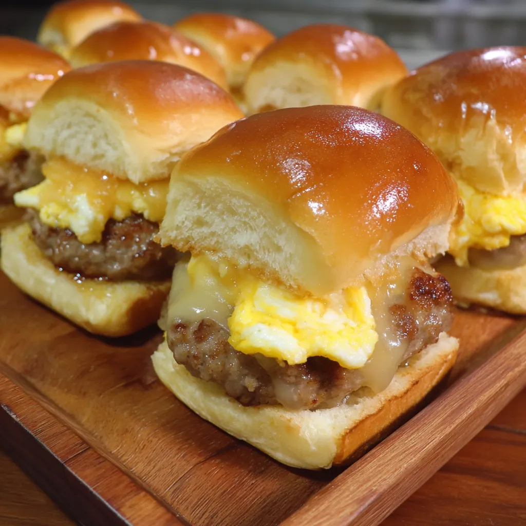 Sausage, egg and cheese breakfast sliders.
