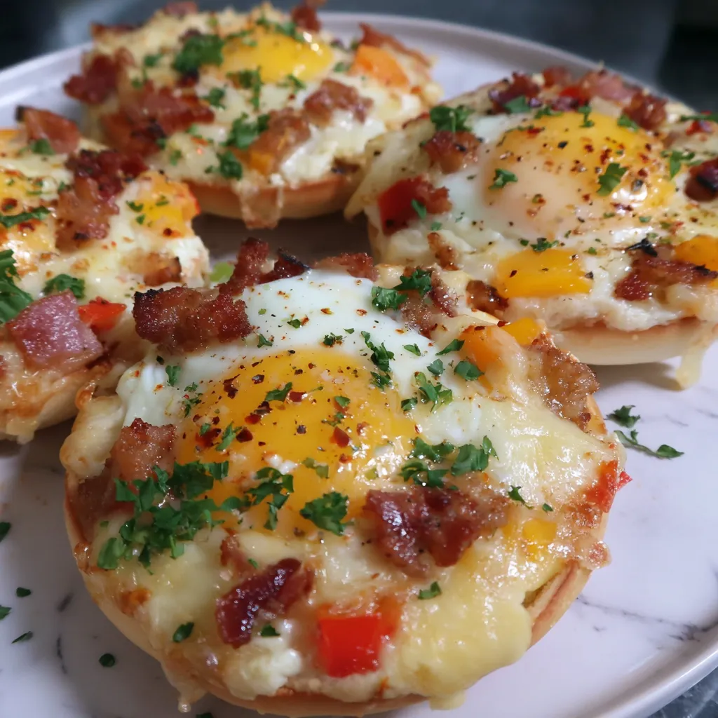 English muffin breakfast pizza with eggs and bacon.