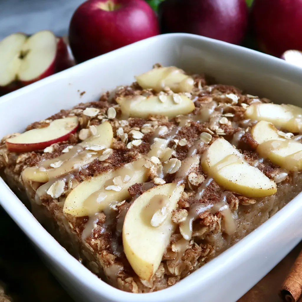 A square white dish filled with a baked oatmeal apple dessert.