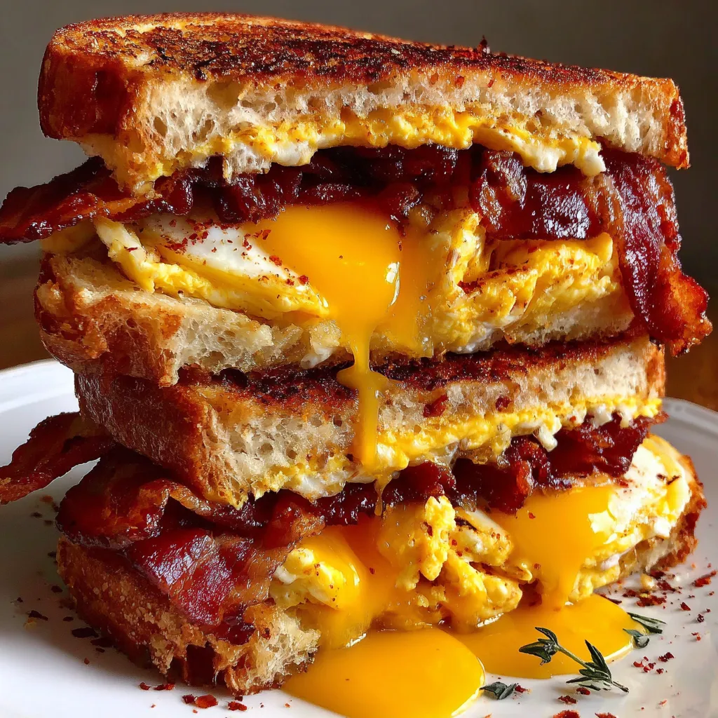 A breakfast sandwich with egg and bacon.
