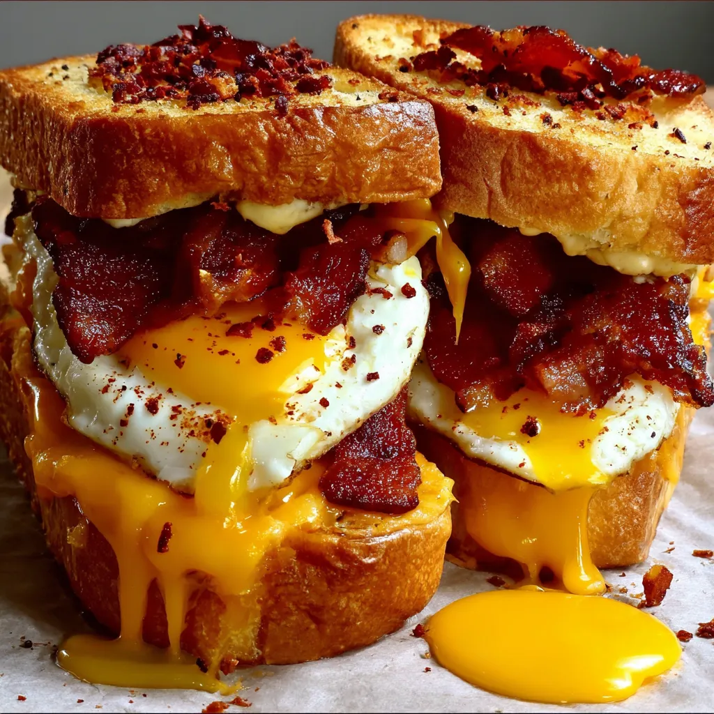 A breakfast sandwich with eggs and bacon.
