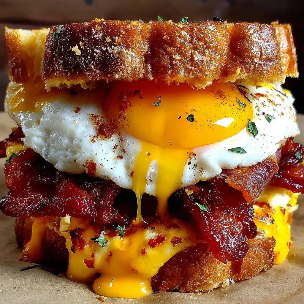 A breakfast sandwich with a fried egg in the middle.