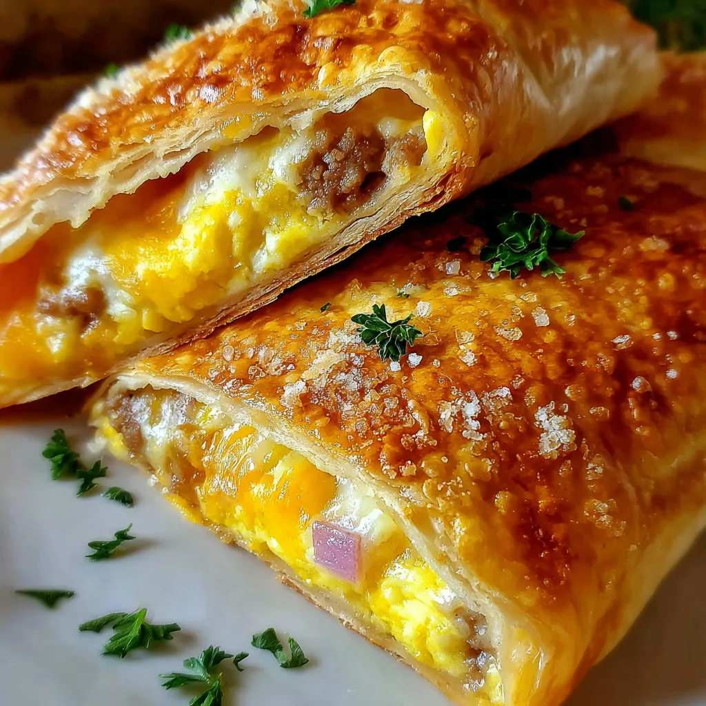 Two homemade breakfast hot pockets with eggs and sausage.