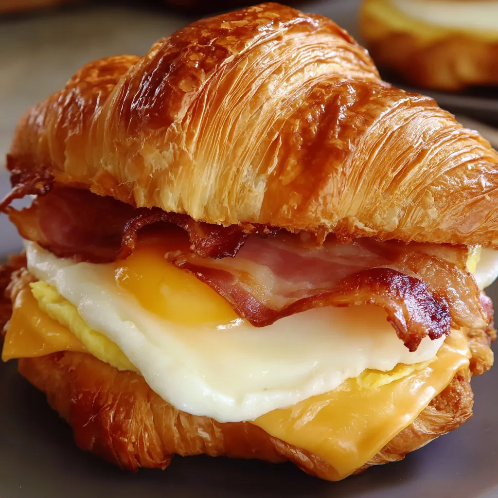 A croissant breakfast sandwich with egg, bacon and cheese.