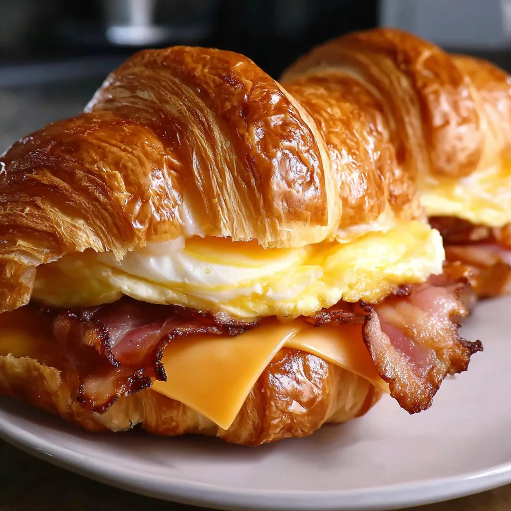 A croissant breakfast sandwich with eggs, bacon, and cheese.