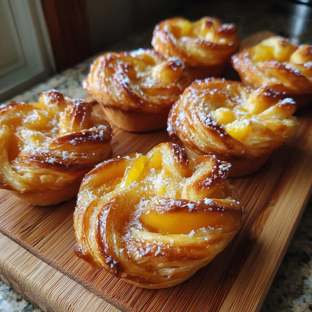 Peach Pie Cruffins on a wooden board.