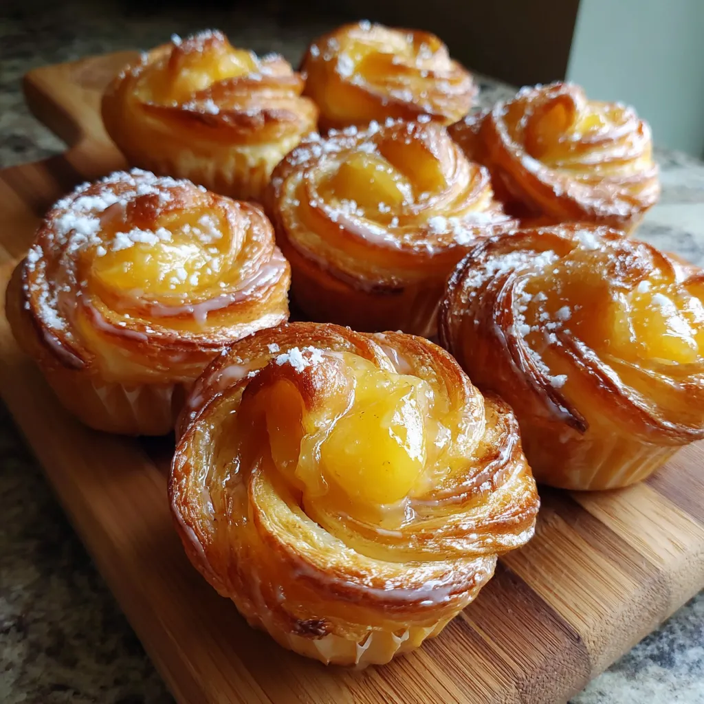 Peach Pie Cruffins on a wooden board.