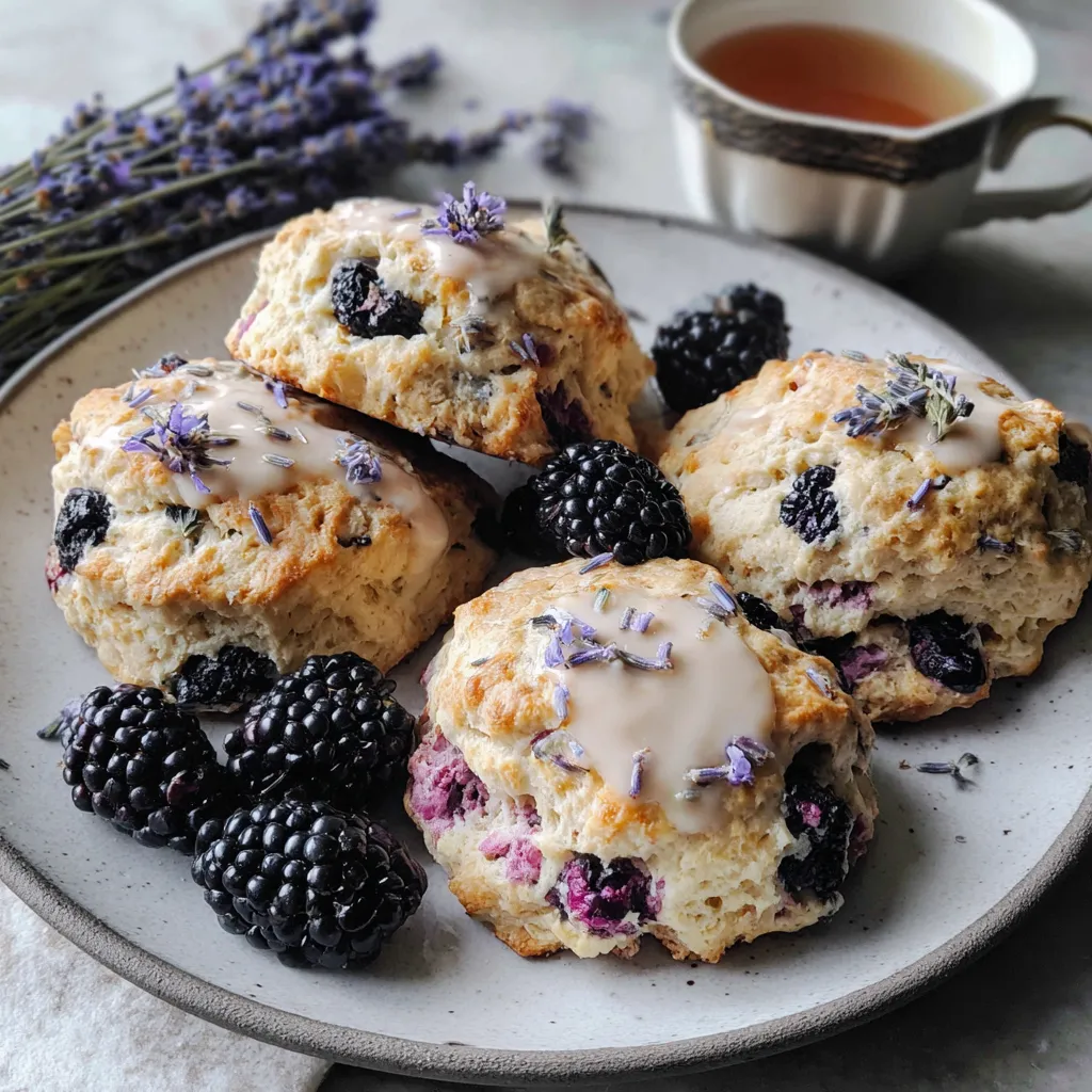 A plate of scones with blackberries and lavender.