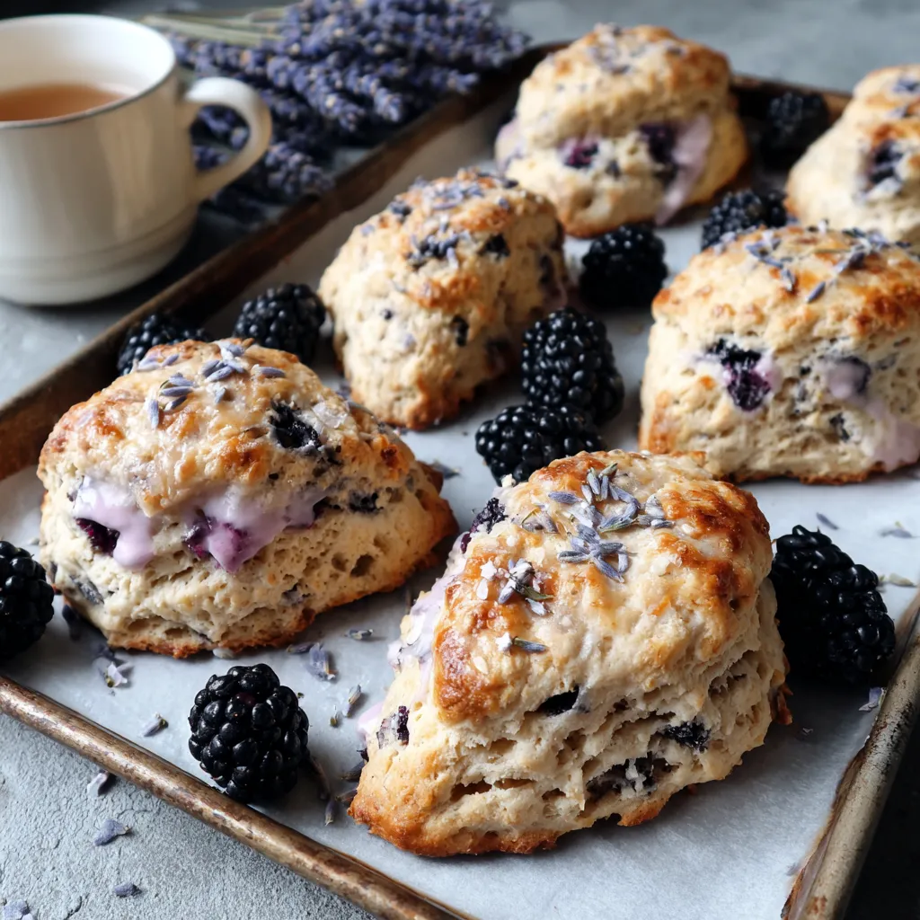 A tray of scones with blackberries and lavender.