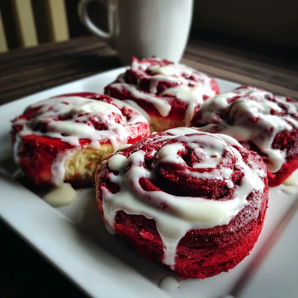 Three red velvet cinnamon rolls with cream cheese icing.