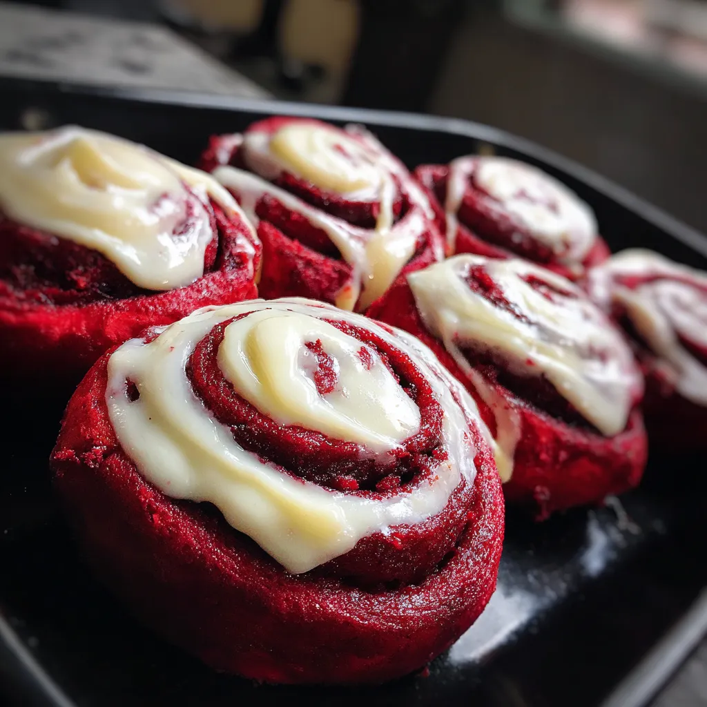 Red velvet cinnamon rolls with cream cheese icing.