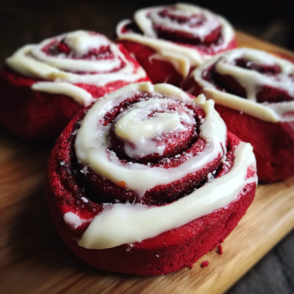 Red velvet cinnamon rolls with cream cheese icing.