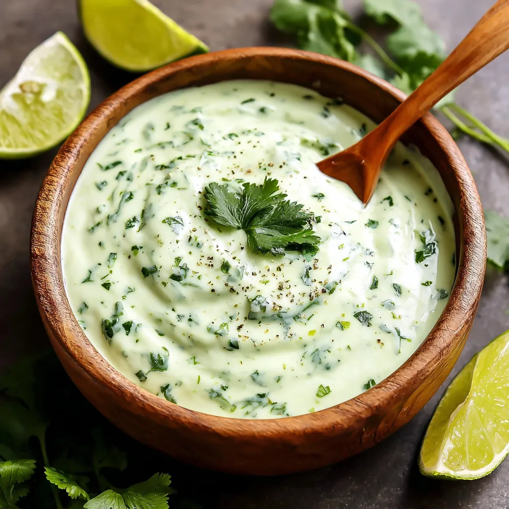 A wooden bowl filled with a green dip.