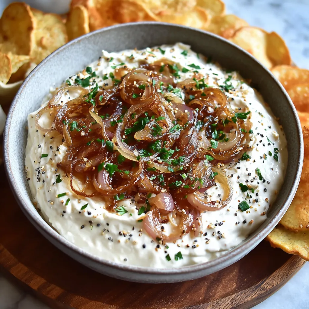 A bowl of fresh French onion dip.