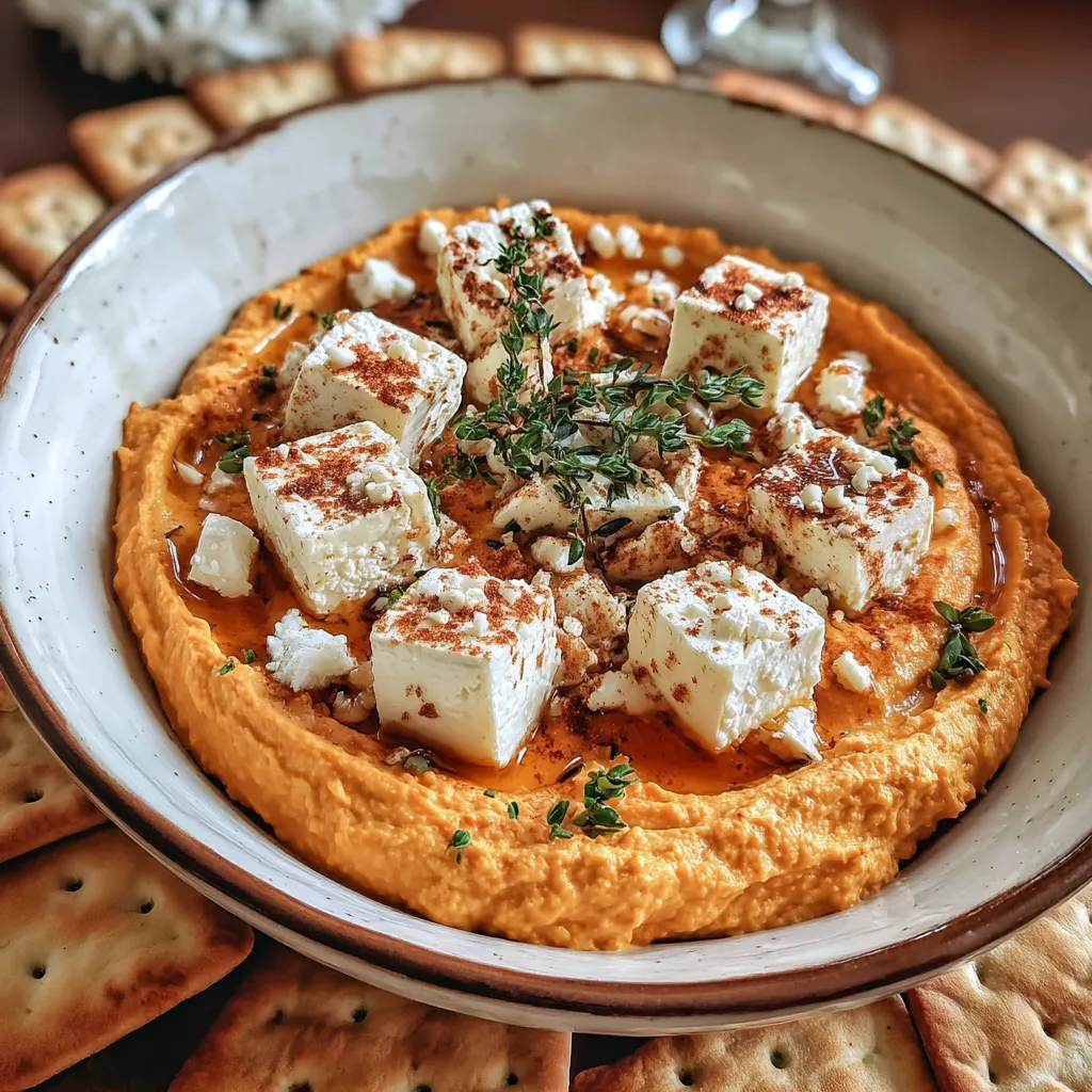 A bowl of pumpkin feta dip with crackers.