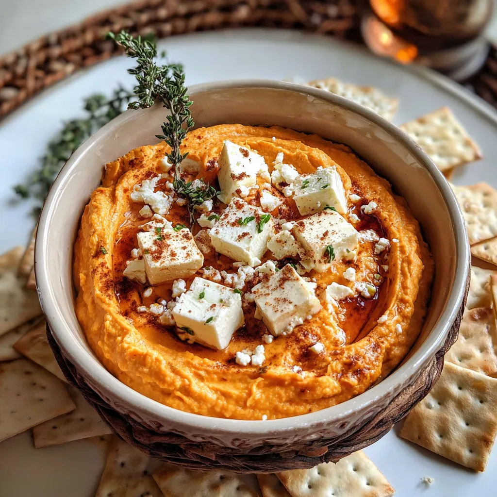 A bowl of pumpkin feta dip with crackers.