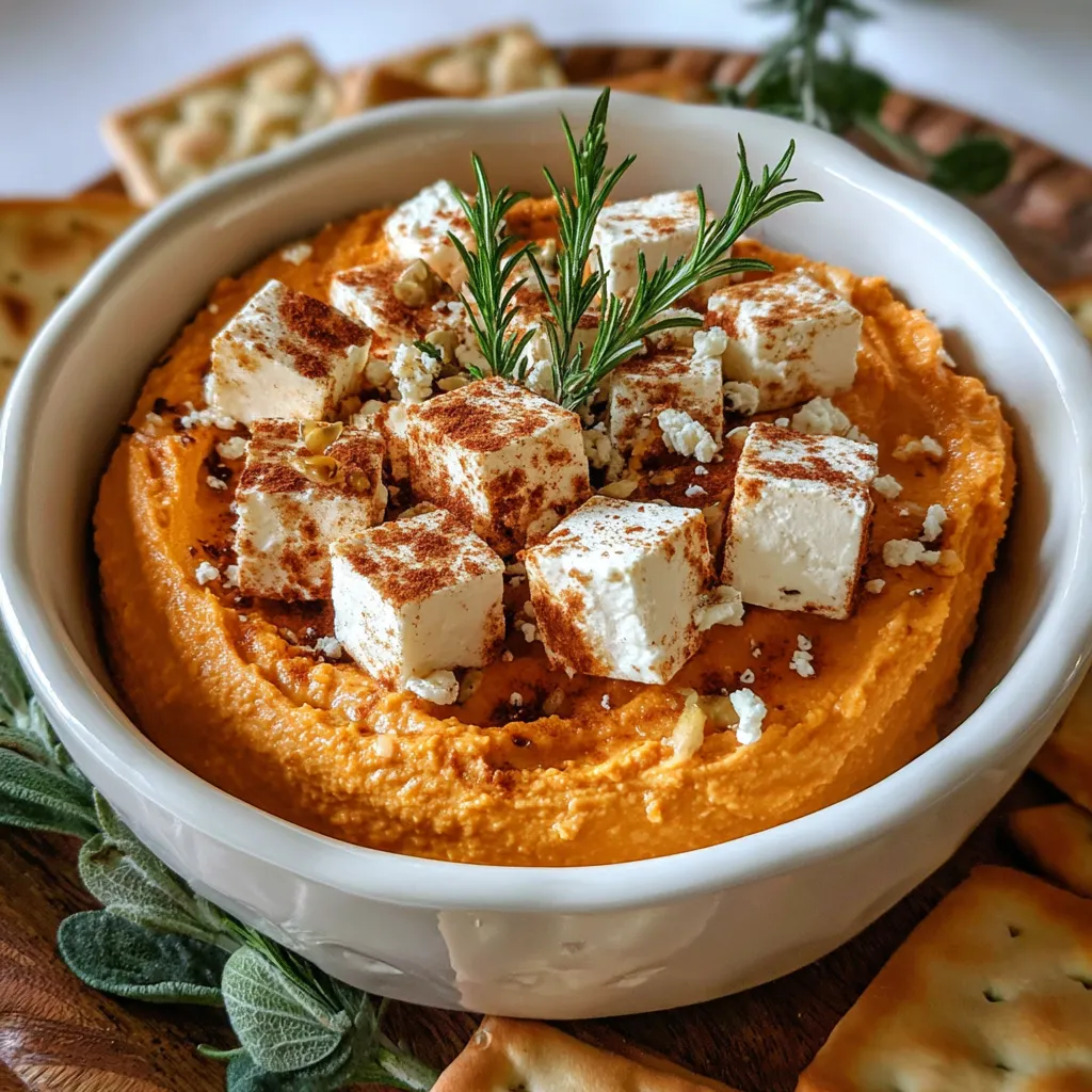 A bowl of pumpkin feta dip with crackers.
