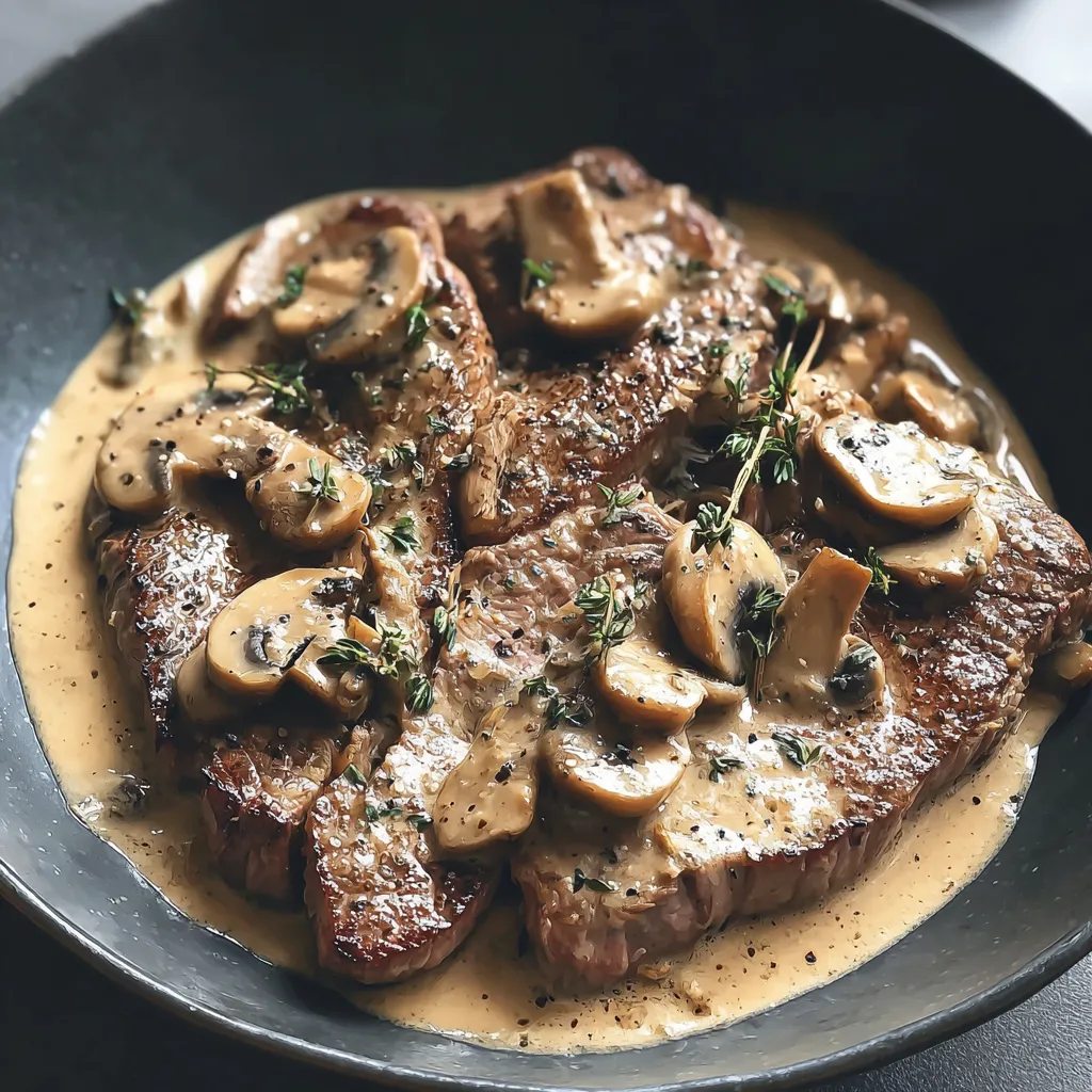 A plate of steak with mushroom sauce.