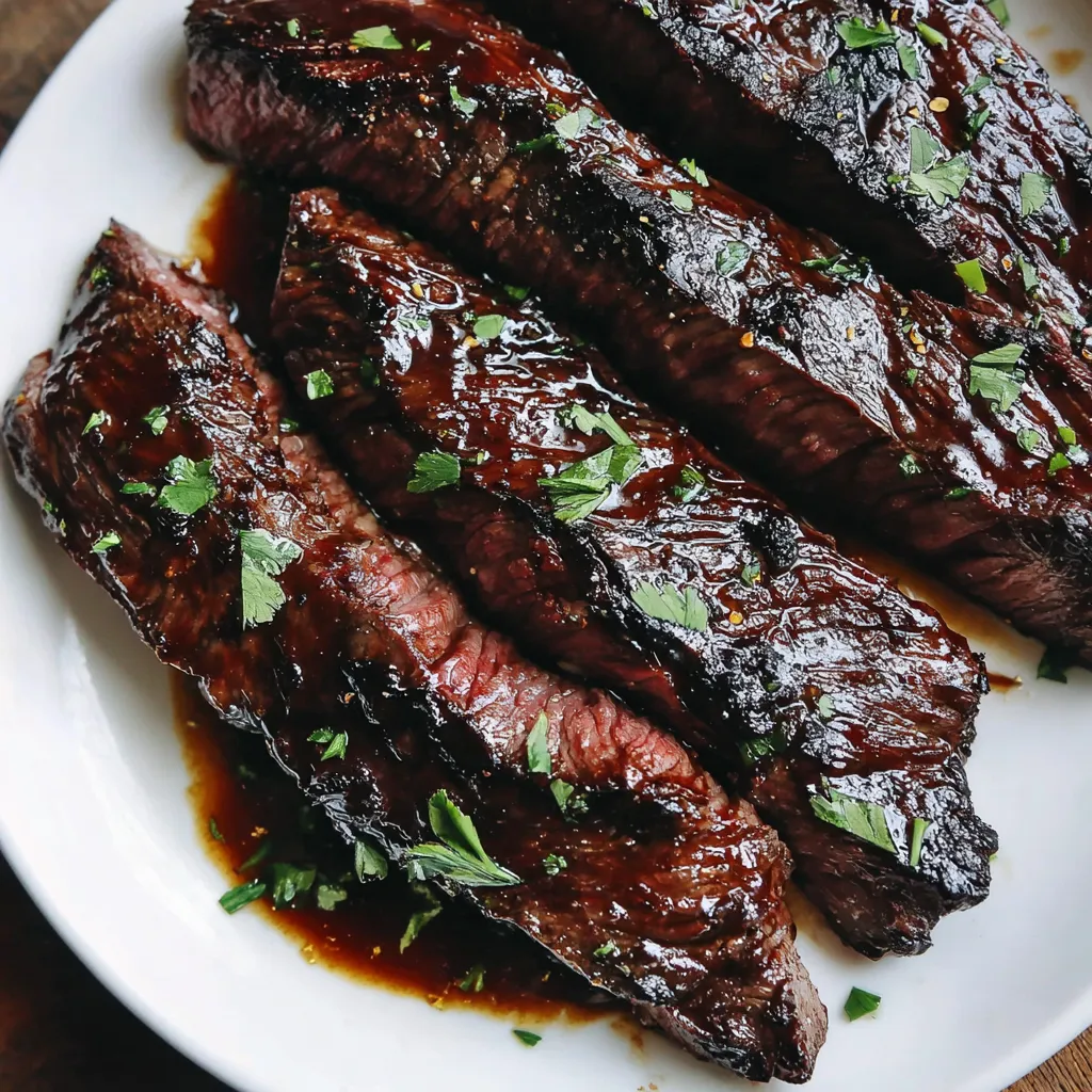 A plate of skirt steak marinated in a sauce.